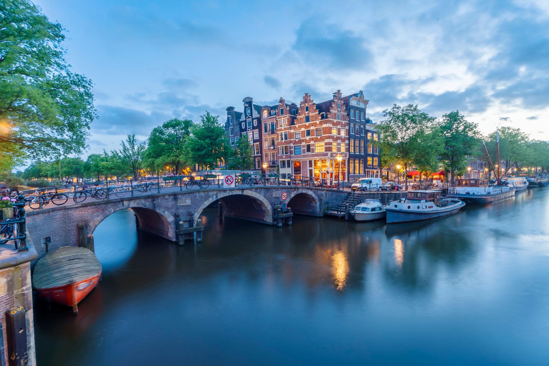 Famous canals in Amsterdam at sunset