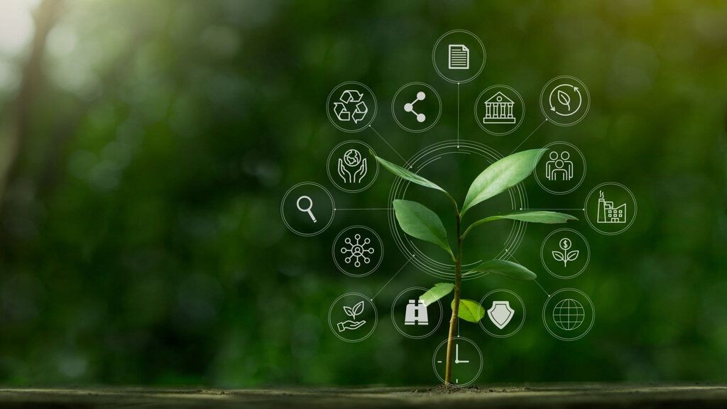Young plant sprouting with eco-friendly icons surrounding it against a blurred green background.